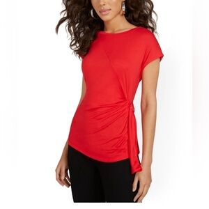 New York & Company Womens Red Top Side Buckle Pleated Casual Preppy XS Chic Soft
